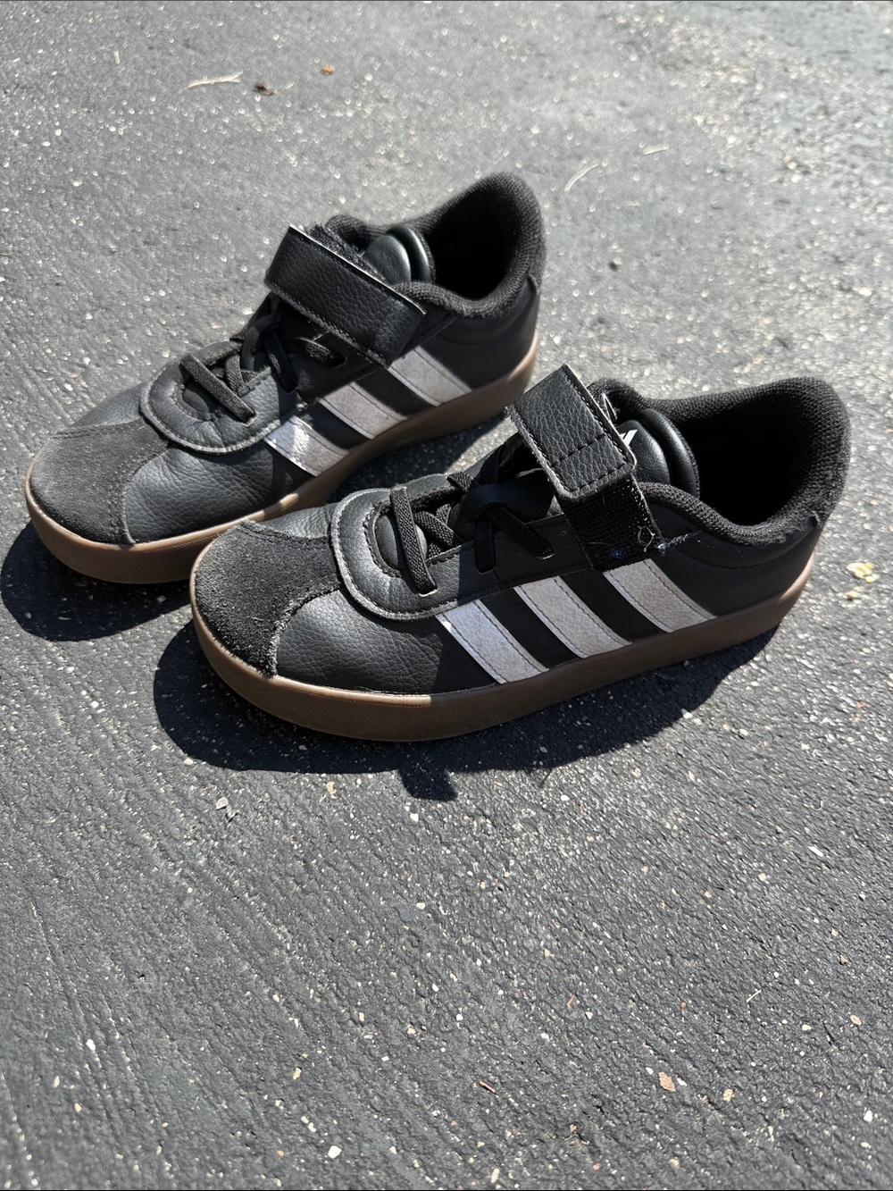 adidas Kids Black Sneakers with Brown Sole and White Stripes